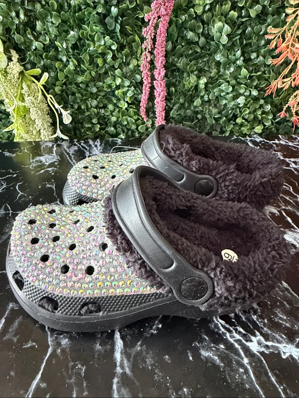 Kids Black Faux-Fur Clog with Iridescent Rhinestones